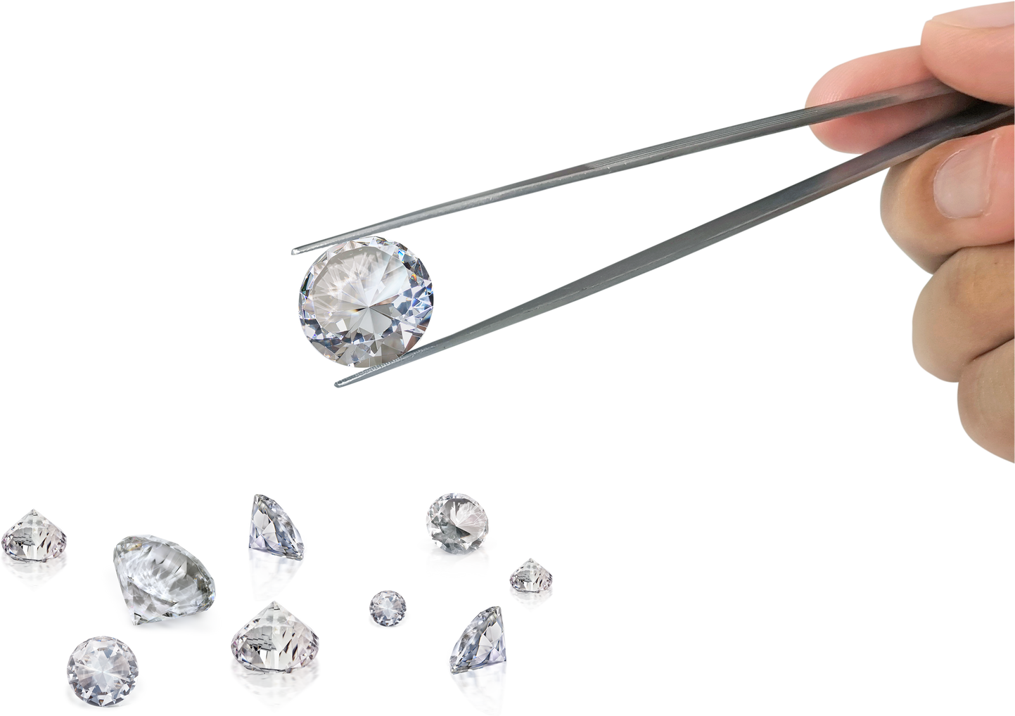 Select cut diamond in diamond tweezers, transparent background